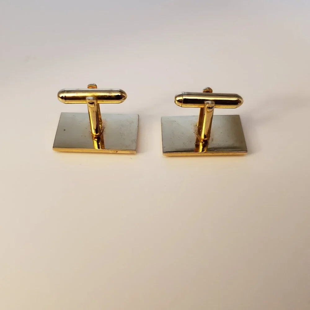 Vintage Two Tone Metal Cufflinks Goldtone Silvertone Brushed Striped Rectangular